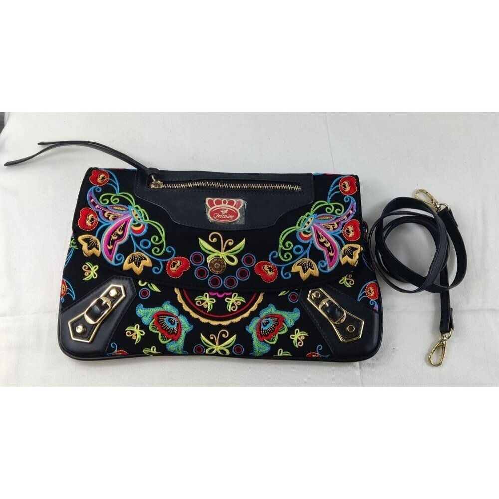 Fricaine Black Treasure Clutch Crossbody Luxury Boho Exotic Embroidered Flowers - Picture 10 of 12